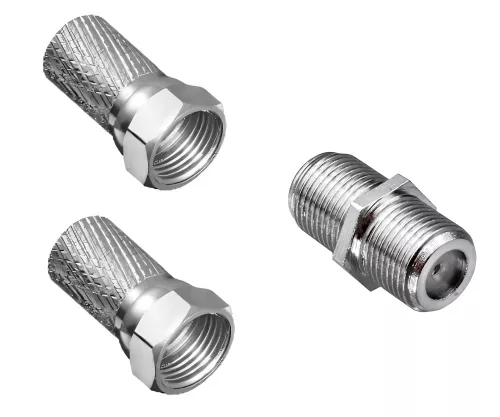 Satellite Cable Connector Set, 2x F-Connector + Coupling. 2x 7.3mm F-connectors with one connector in the set
